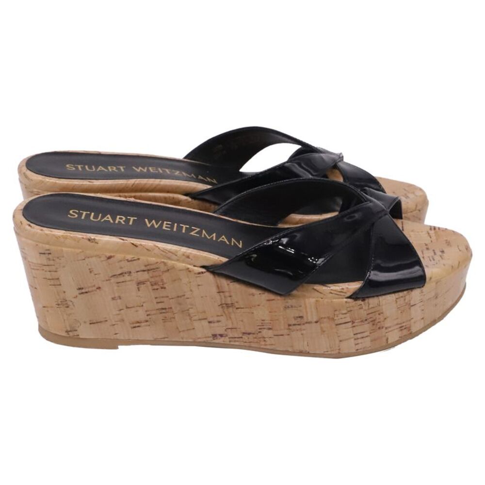 Stuart Weitzman Carmen Wedge Sandals in Black Patent Leather